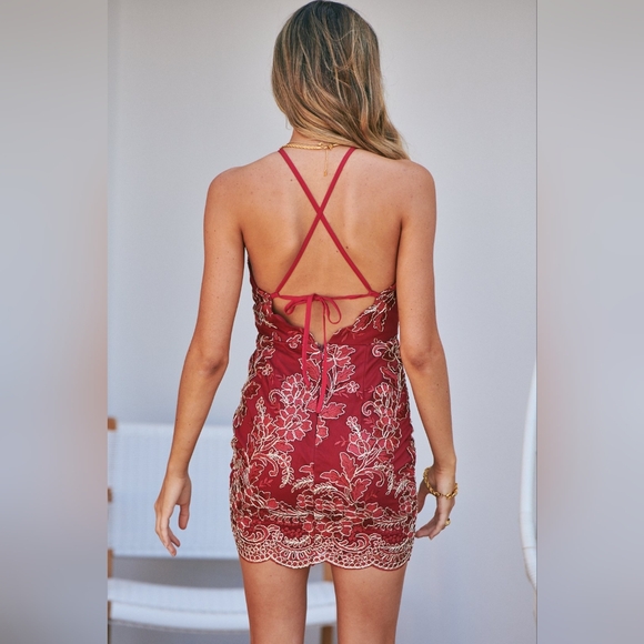 ✨ NWT ✨ RED DELICATE GOLD EMBELLISHMENT DETAIL DRESS - XS - Picture 3 of 11